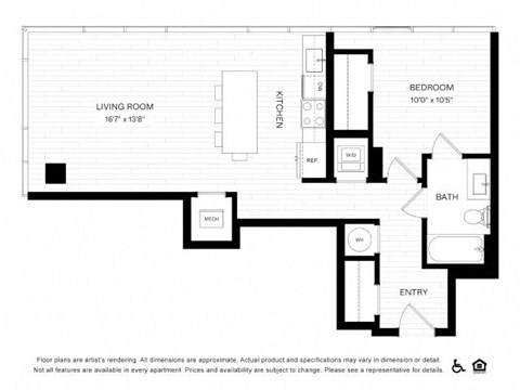 Floor plan for 1 bed, 1 bath, 739 sqft