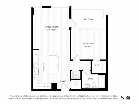 Floor plan for 1 bed, 1 bath, 740 sqft