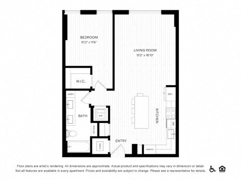 Floor plan for 1 bed, 1 bath, 744 sqft