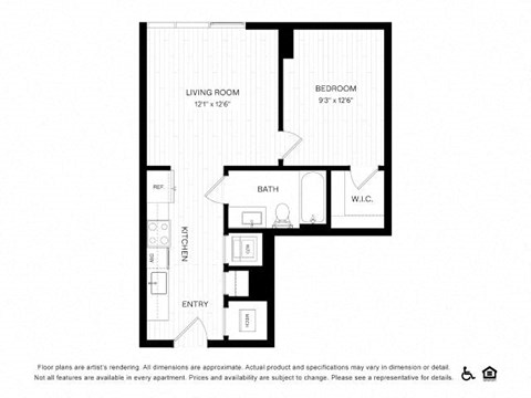 Floor plan for 1 bed, 1 bath, 527 sqft