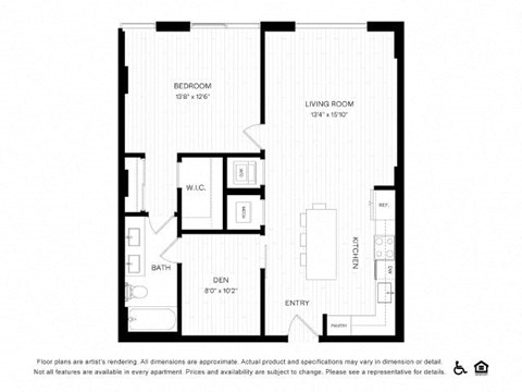Floor plan for 1 bed, 1 bath, 859 sqft