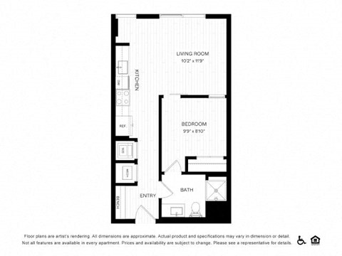 Floor plan for 1 bed, 1 bath, 537 sqft