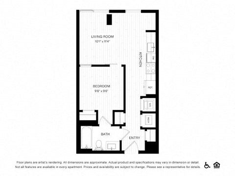 Floor plan for 1 bed, 1 bath, 537 sqft