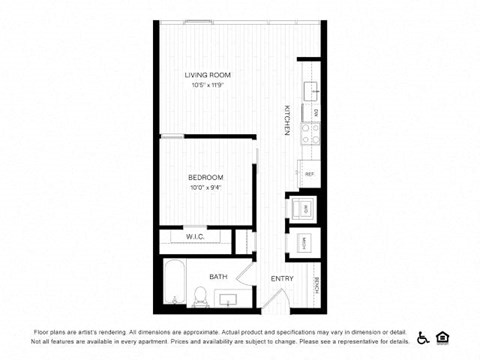 Floor plan for 1 bed, 1 bath, 555 sqft