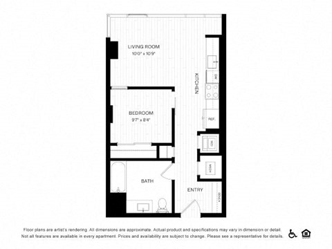 Floor plan for 1 bed, 1 bath, 555 sqft