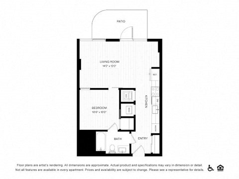 Floor plan for 1 bed, 1 bath, 577 sqft
