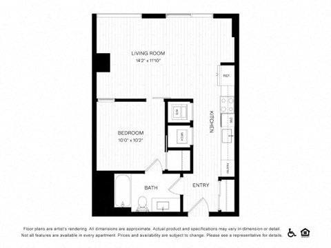 Floor plan for 1 bed, 1 bath, 602 sqft