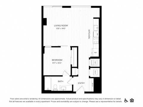 Floor plan for 1 bed, 1 bath, 631 sqft