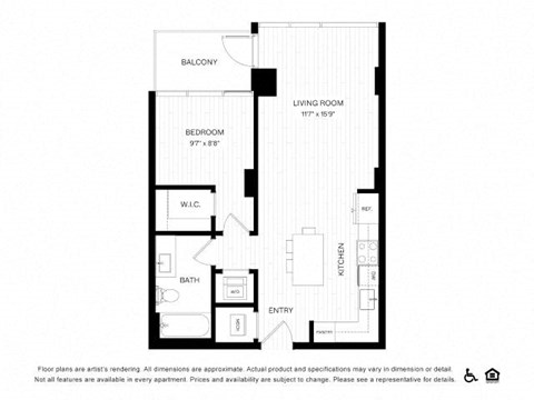 Floor plan for 1 bed, 1 bath, 579 sqft