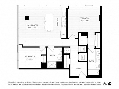 Floor plan for 2 beds, 2 baths, 1050 sqft