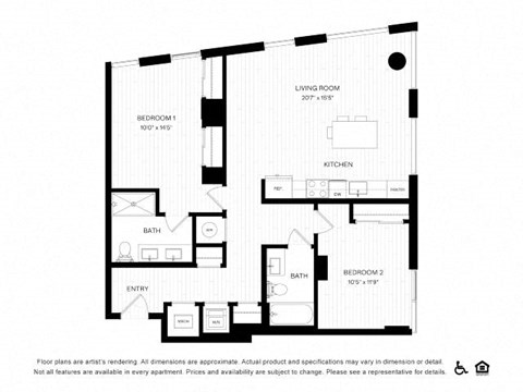 Floor plan for 2 beds, 2 baths, 1063 sqft