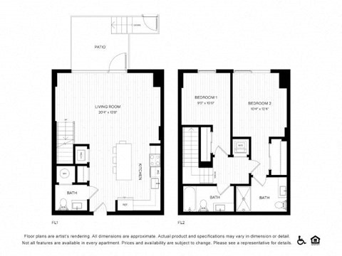 Floor plan for 2 beds, 2.5 baths, 1134 sqft