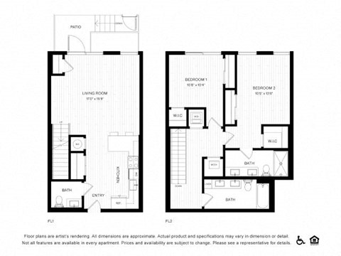 Floor plan for 2 beds, 2.5 baths, 1274 sqft