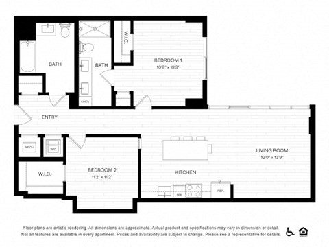 Floor plan for 2 beds, 2 baths, 1063 sqft