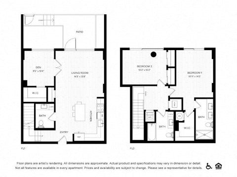 Floor plan for 2 beds, 2.5 baths, 1374 sqft