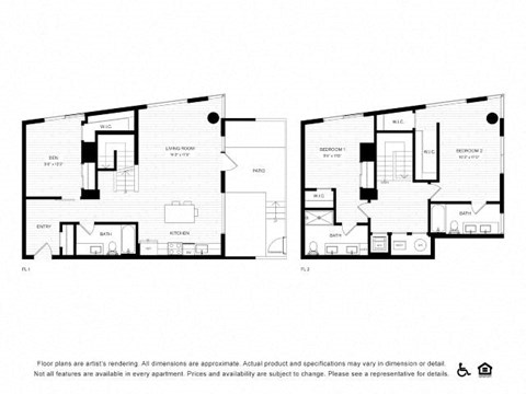 Floor plan for 2 beds, 3 baths, 1647 sqft