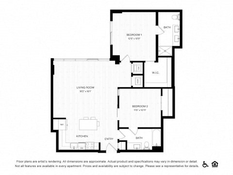 Floor plan for 2 beds, 2 baths, 1097 sqft