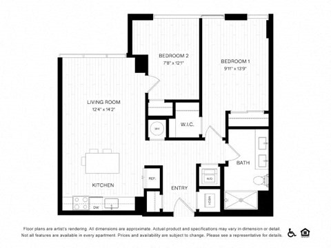 Floor plan for 2 beds, 1 bath, 850 sqft