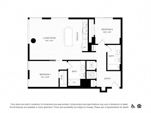 Floor plan for 2 beds, 2 baths, 999 sqft