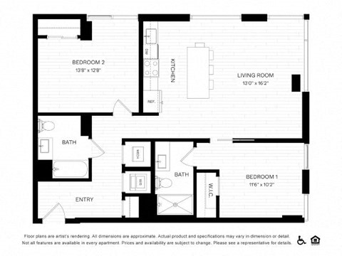 Floor plan for 2 beds, 2 baths, 999 sqft