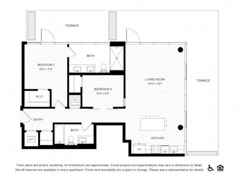 Floor plan for 2 beds, 2 baths, 1033 sqft