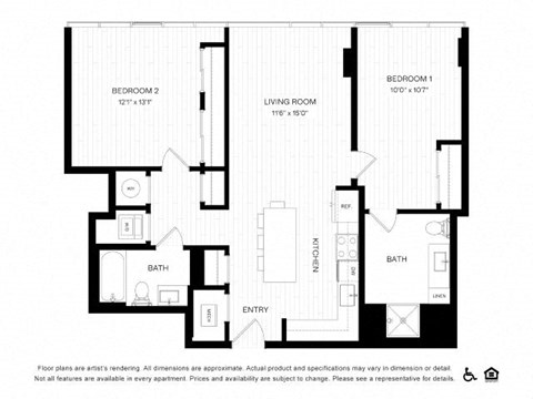 Floor plan for 2 beds, 2 baths, 1039 sqft