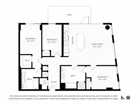 Floor plan for 3 beds, 2 baths, 1221 sqft