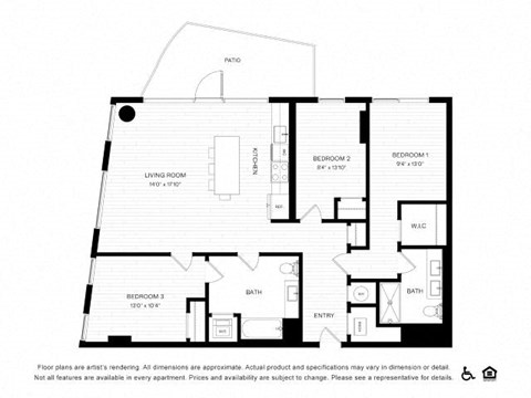 Floor plan for 3 beds, 2 baths, 1222 sqft