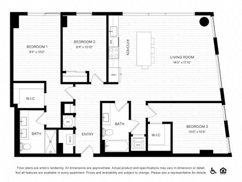 Floor plan for 3 beds, 2 baths, 1240 sqft