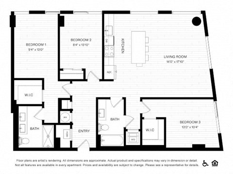 Floor plan for 3 beds, 2 baths, 1242 sqft