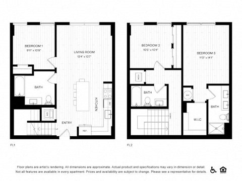 Floor plan for 3 beds, 3 baths, 1330 sqft