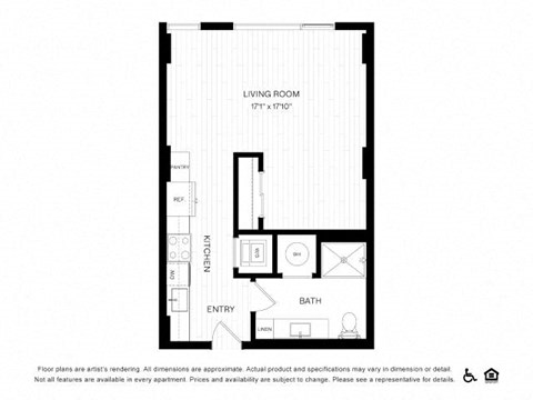 Floor plan for studio, 1 bath, 489 sqft