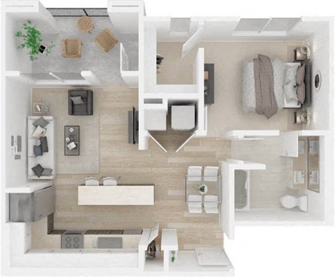 Floor plan for 1 bed, 1 bath, 734 sqft