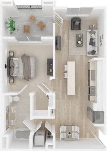 Floor plan for 1 bed, 1 bath, 764 sqft