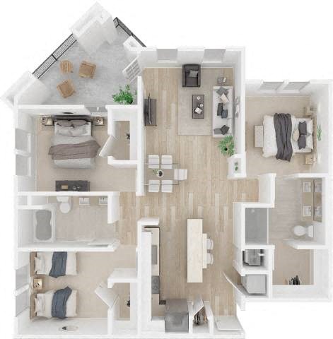 Floor plan for 3 beds, 2 baths, 1396 sqft