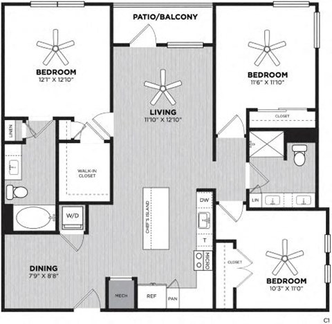 Floor plan for 3 beds, 2 baths, 1344 sqft