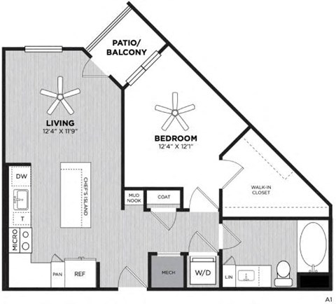 Floor plan for 1 bed, 1 bath, 757 sqft
