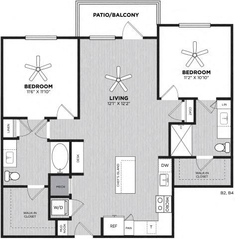 Floor plan for 2 beds, 2 baths, 1119 sqft