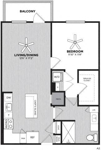 Floor plan for 1 bed, 1 bath, 809 sqft