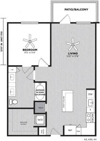 Floor plan for 1 bed, 1 bath, 790 sqft