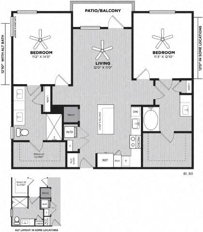 Floor plan for 2 beds, 2 baths, 1139 sqft