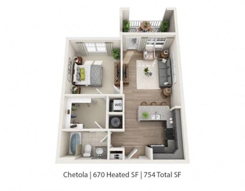 Floor plan for 1 bed, 1 bath, 670 sqft