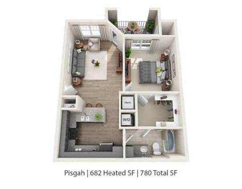 Floor plan for 1 bed, 1 bath, 682 sqft