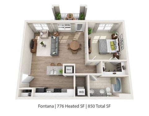 Floor plan for 1 bed, 1 bath, 776 sqft