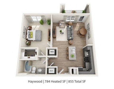 Floor plan for 1 bed, 1 bath, 784 sqft