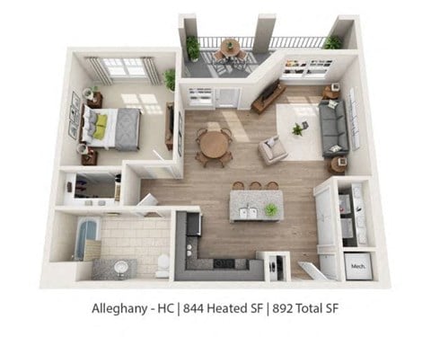 Floor plan for 1 bed, 1 bath, 844 sqft