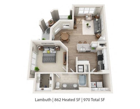 Floor plan for 1 bed, 1 bath, 862 sqft