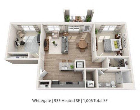 Floor plan for 1 bed, 1 bath, 935 sqft