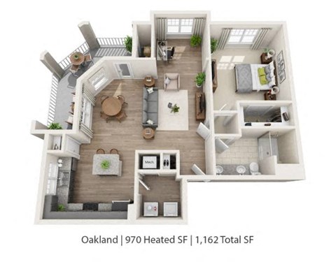 Floor plan for 1 bed, 1 bath, 970 sqft