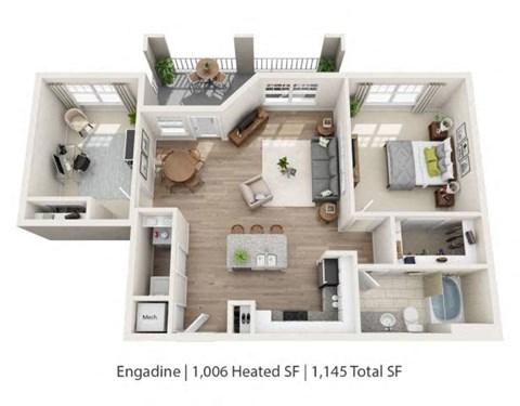Floor plan for 1 bed, 1 bath, 1006 sqft